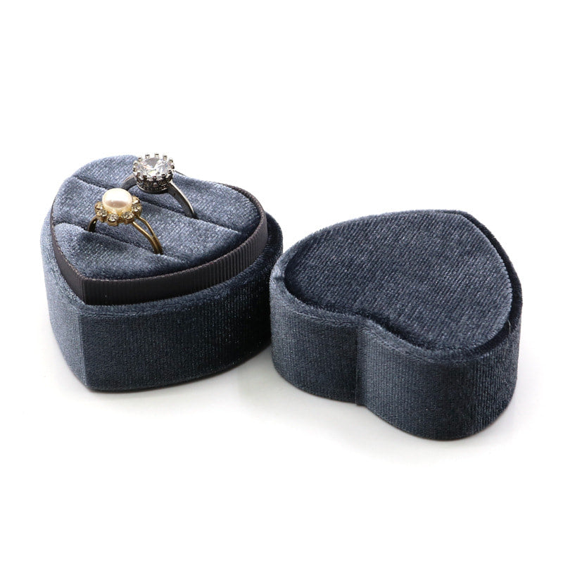 Grayish blue sweet heart velvet ring box with double slot.