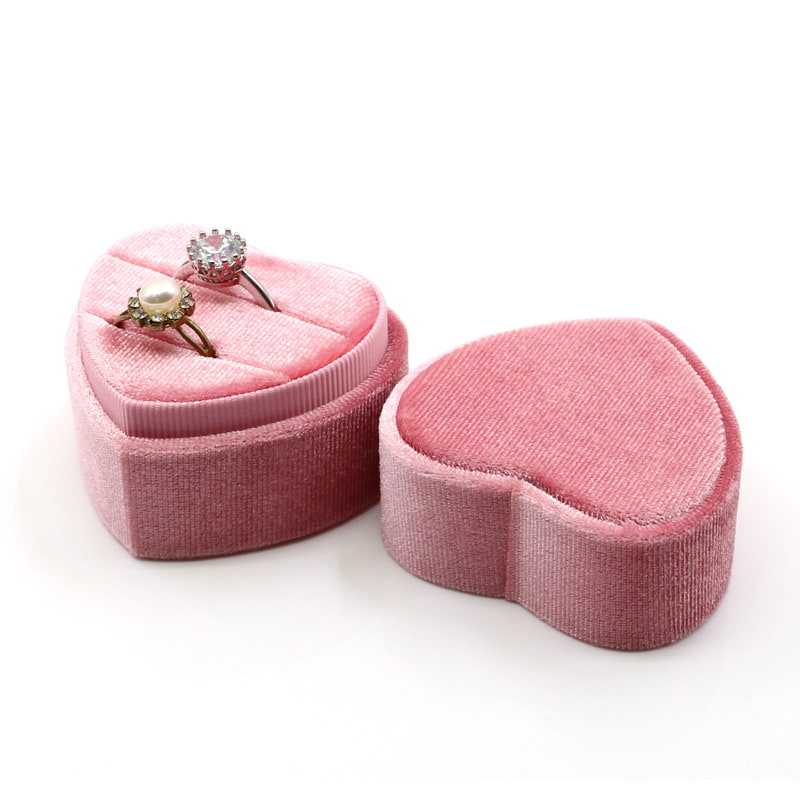 Pink sweet heart velvet ring box with double slot.