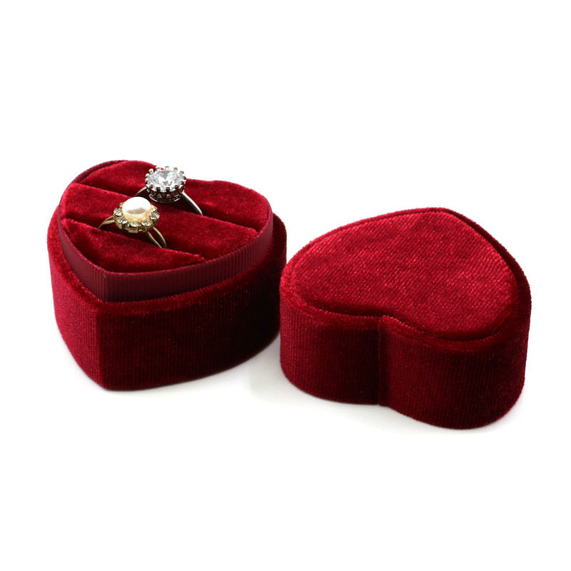 Wine sweet heart velvet ring box with double slot.